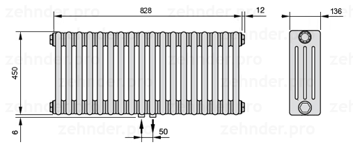 Схема (чертеж) Радиатор Zehnder Charleston 4045/18 №3470 Белый глянцевый RAL 9016